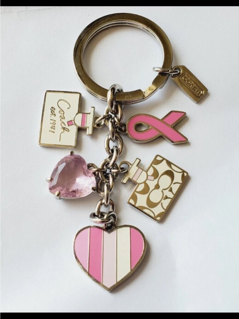 Coach Pink Ribbon & Heart Charm Key Ring with Crystal Accent